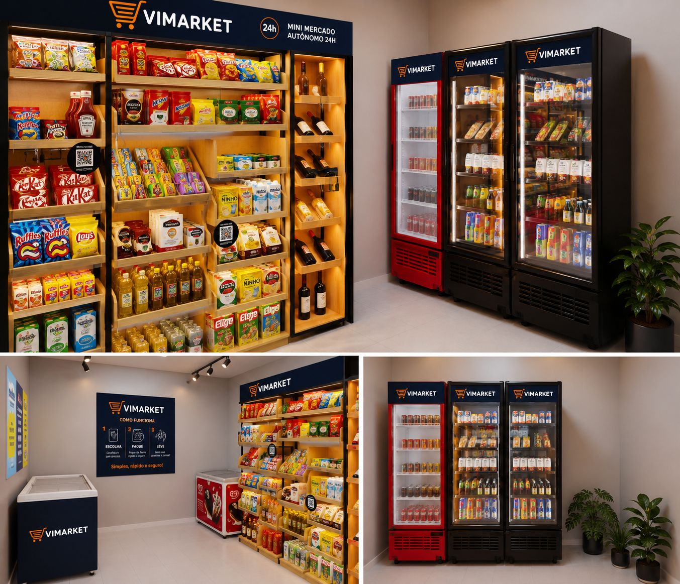 Exemplos de montagem Vimarket — gôndolas, geladeiras e layout completo